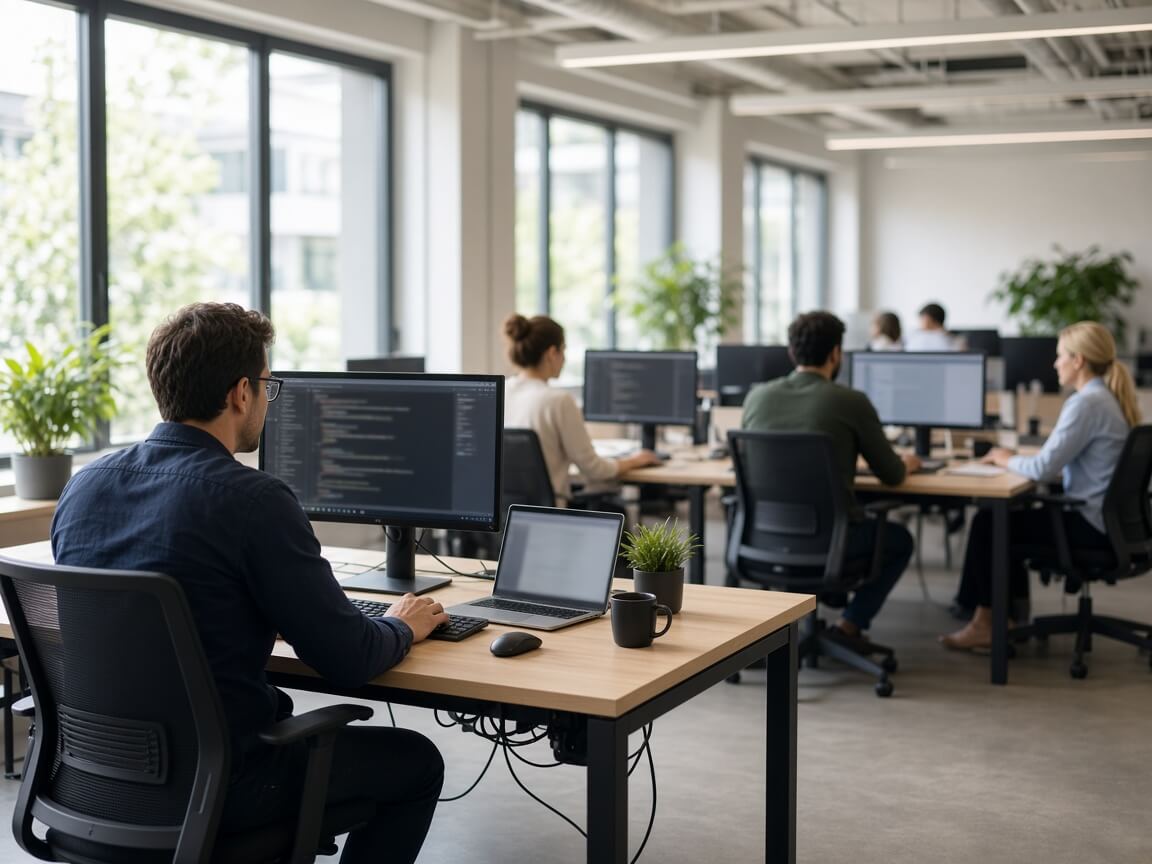 Indoor software lab with multiple monitors