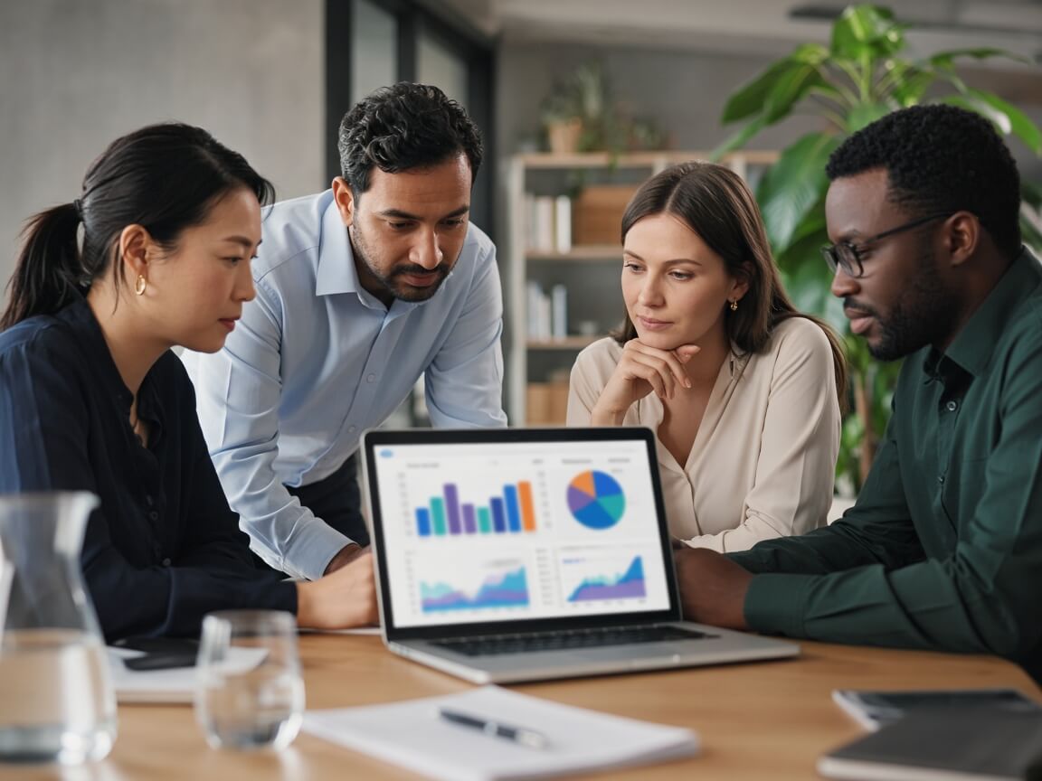 Analytics review around a conference table